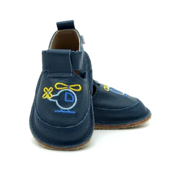 macco sandale pantofi barefoot copii primii pasi baieti bebelusi piele naturala albastru elicopter broderie