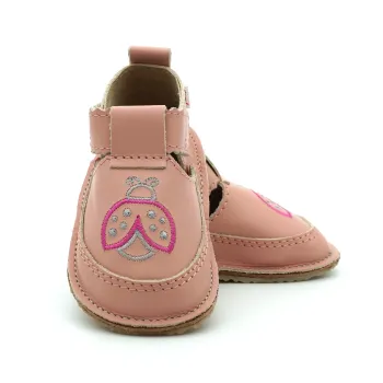 Macco sandale pantofi barefoot primii pasi fete bebelusi copii piele naturala roz buburuza broderie