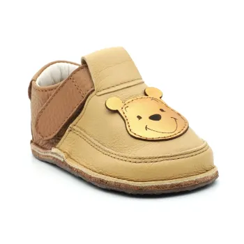 Papucei Primii Pasi barefoot bebe si copii baieti fete galben crem ursulet winnie pooh incaltaminte bebelusi