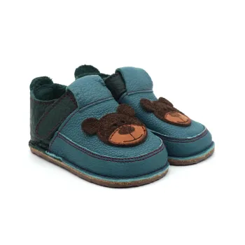 Papuci primii pasi barefoot, talpa flexibila, piele naturala - Turcoaz, Ursulet