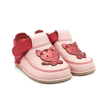 Pantofi primii pasi barefoot, piele naturala - Roz, Pisica