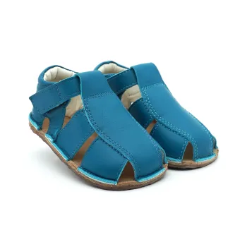 Sandale primii pasi barefoot baieti, incaltaminte bebelusi, piele naturala, talpa flexibila, albastru marin
