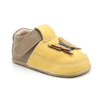 Papucei primii pasi fete, barefoot, piele naturala, talpa flexibila, galben, fluturas