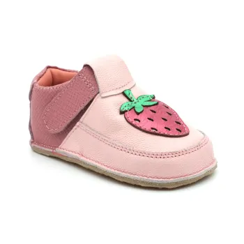 Papucei primii pasi fete, barefoot, piele naturala, talpa flexibila, roz, capsuna