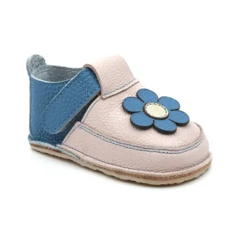 Papucei primii pasi fete, barefoot, piele naturala, talpa flexibila, albastru gri, fluturas