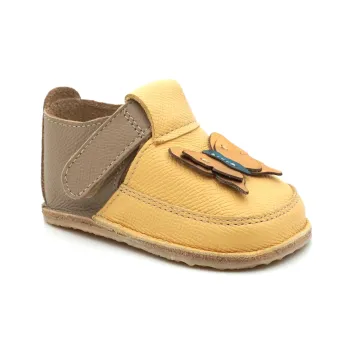 Papucei primii pasi fete, barefoot, piele naturala, talpa flexibila, galben, fluturas