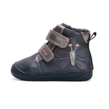 DD Step ghete copii primii pasi fete barefoot imblanite piele naturala talpa flexibila gri fluture