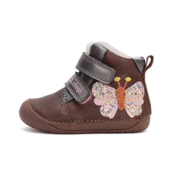 DD Step ghete copii primii pasi fete barefoot imblanite piele naturala talpa flexibila maro fluture