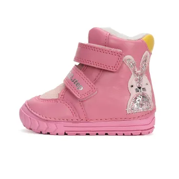 DD Step ghete copii primii pasi fete barefoot imblanite piele naturala talpa flexibila roz iepuras