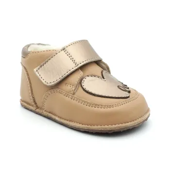 Ghete copii primii pasi barefoot, fete, piele naturala, talpa flexibila, bej inimioara