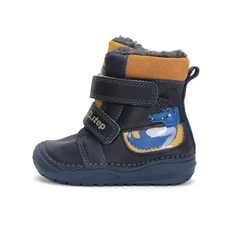 Ghete baieti, barefoot, piele naturala, imblanite, DD Step, albastru, aligator