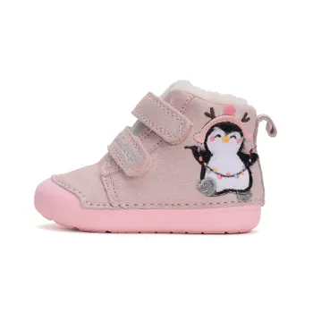 Ghete copii imblanite, barefoot, piele naturala, DD Step, roz, pinguin