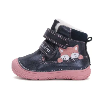 Ghete copii imblanite, barefoot, piele naturala, DD Step, albastru sidef, vulpita