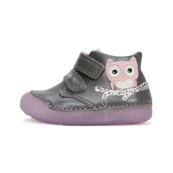 Pantofi fete primii pasi, barefoot, piele naturala, gri sidef, bufnita, DD Step