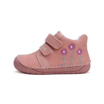 Pantofi primii pasi barefoot, fete, piele naturala, roz, floricele, DD Step