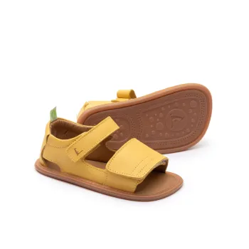 Sandale bebelusi copii barefoot, primii pasi, piele naturala, talpa flexibila, forma anatomica, galben, velcro, Tip Toey Joey