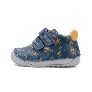 DD Step Pantofi primii pasi barefoot, baieti, piele naturala, talpa flexibila, impermeabil, albastru excavatoare