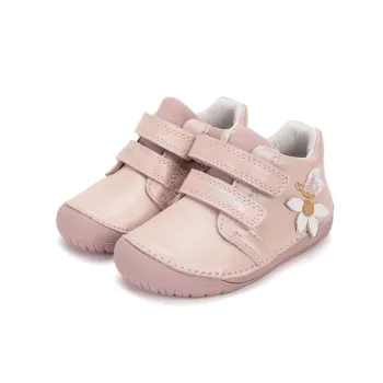 DD Step, pantofi primii pasi, bebelusi fetite, barefoot, piele naturala, talpa flexibila, inchidere scai, roz