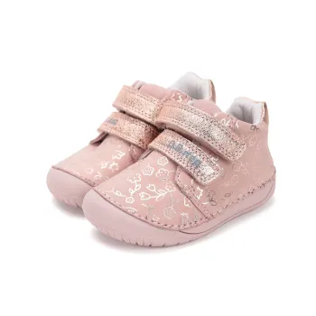 DD Step, pantofi primii pasi, bebelusi fetite, barefoot, piele naturala, talpa flexibila, inchidere scai, roz floricele
