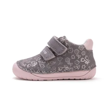 Pantofi fete primii pasi barefoot, piele naturala, gri roz floricele, DD Step