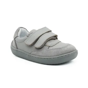 Pantofi barefoot copii, baieti si fete, piele naturala, talpa flexibila, inchidere cu scai dublu, gri. Incaltaminte scoala
