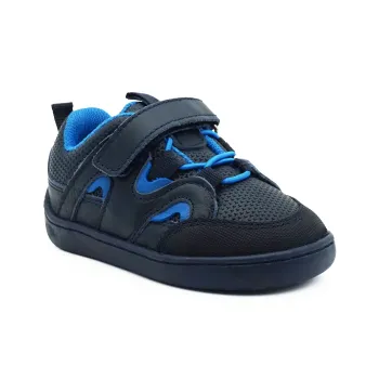 Pantofi primii pasi barefoot, pantofi copii baieti, piele naturala perforata, talpa flexibila, varf lat, inchidere velcro si sireturi elastice, albastru inchis