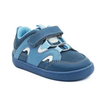 Pantofi primii pasi barefoot, pantofi copii baieti, piele naturala perforata, talpa flexibila, varf lat, inchidere velcro si sireturi elastice, albastru