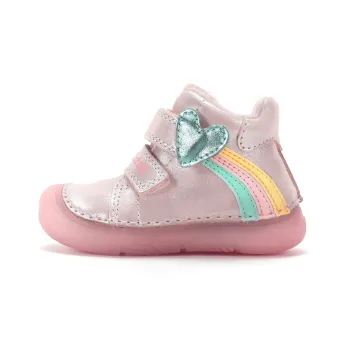 Ghete captusite DD Step fete, primii pasi, piele, talpa ultraflexibila, calcai intarit, roz fluorescent