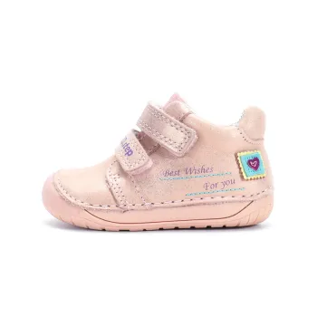 Pantofi DD Step fete, barefoot, primii pasi, talpa flexibila, piele naturala, sampanie sidef, scrisoare