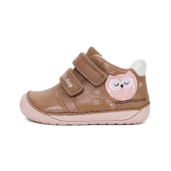 Pantofi DD Step fete, barefoot, primii pasi, talpa flexibila, piele naturala, maro, bufnita