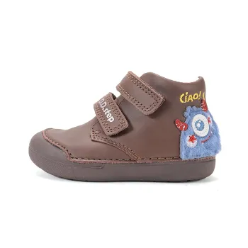Pantofi primii pasi DD Step baieti, talpa flexibila, calcai intarit, piele naturala, maro monstrulet